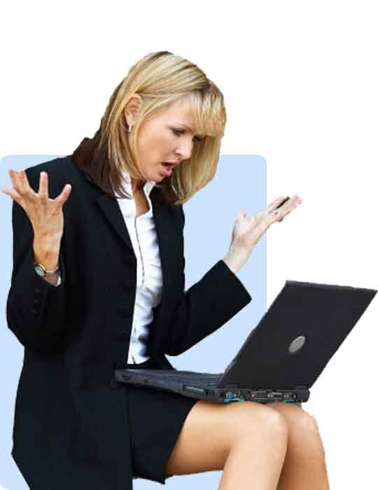 Frustrated laptop user before a Vertex Computer Technology clean-up